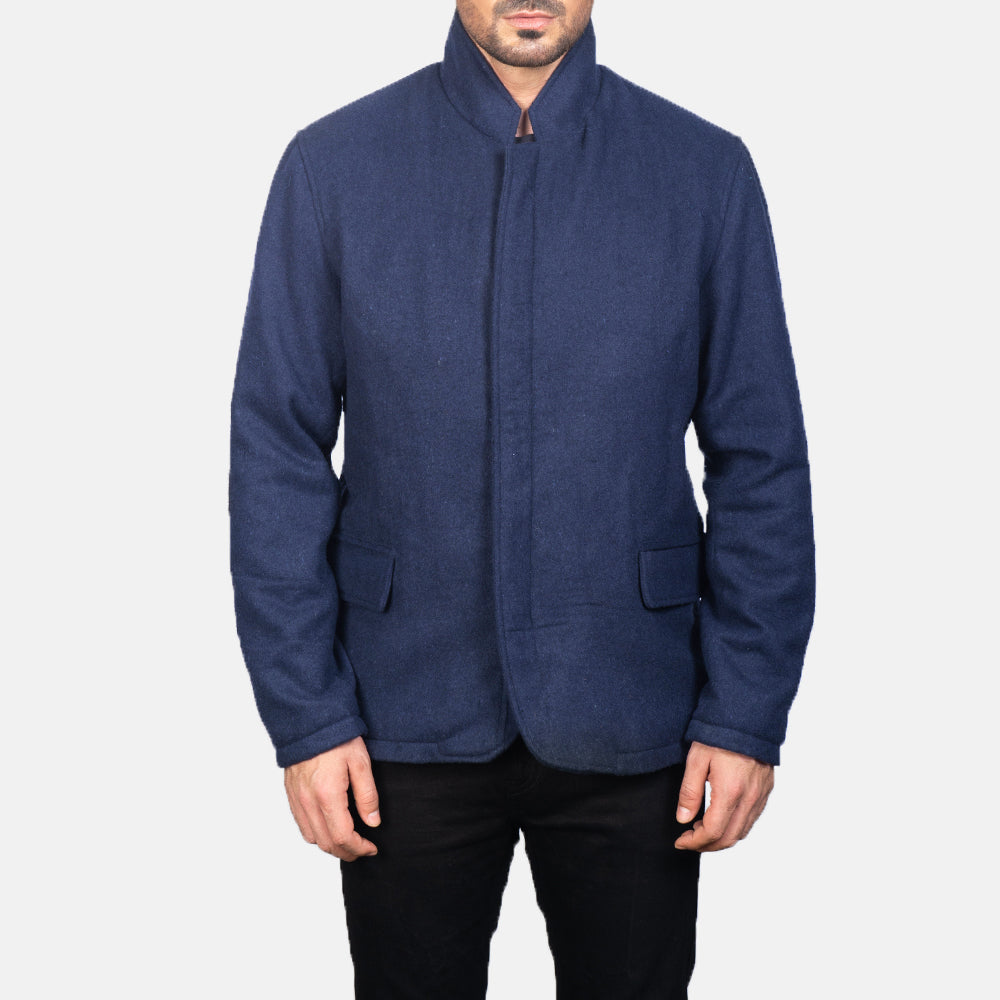 Close-Up Detail of Nehru &amp; Zipper with Dual Puller Hardware on Men's Thomas أزرق Wool جاكيت جلد رجالي