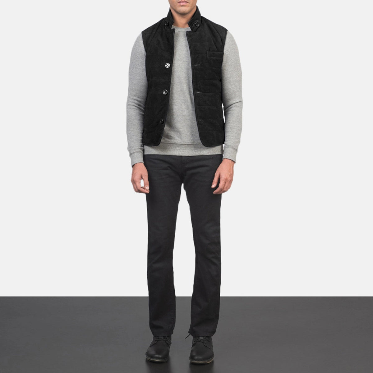 Men's Tony أسود Suede Vest رجالي - Lateral Side Profile View Showing Sleeve Cut &amp; Athletic Taper Fit