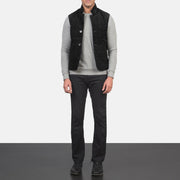 Men's Tony أسود Suede Vest رجالي - Lateral Side Profile View Showing Sleeve Cut &amp; Athletic Taper Fit