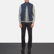 Men's Tony أزرق Suede Vest رجالي - Lateral Side Profile View Showing Sleeve Cut &amp; Athletic Taper Fit