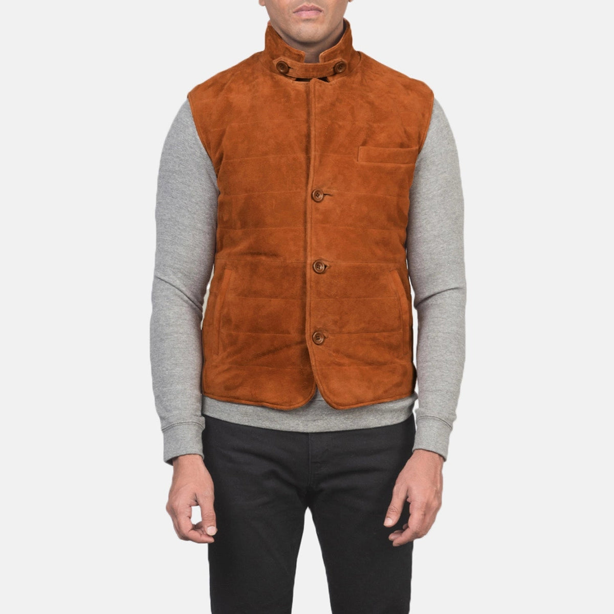 Close-Up Detail of Notch with removable throat latch & Button Hardware on Men's Tony Brown Suede Vest