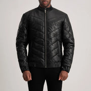 Close-Up Detail of Classic Collar &amp; Zipper Hardware on Travis Black Leather Puffer Jacket