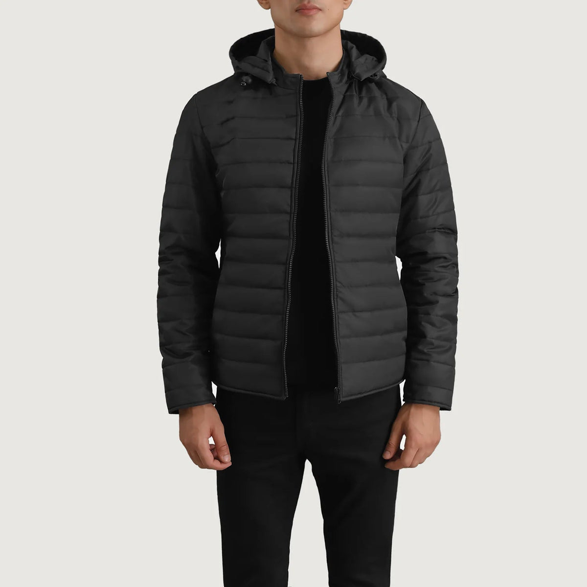 Tyler أسود Hooded Puffer جاكيت جلد رجالي in Black Full-Grain Leather - Front Profile View &amp; Tailored Silhouette | Buy Online