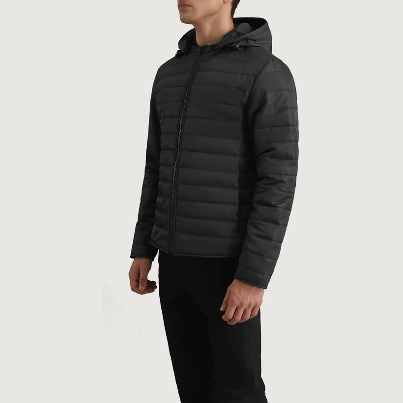 Tyler أسود Hooded Puffer جاكيت جلد رجالي