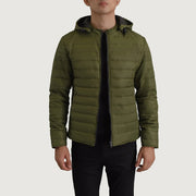 Tyler أخضر Hooded Puffer جاكيت جلد رجالي in Green Full-Grain Leather - Front Profile View &amp; Tailored Silhouette | Buy Online