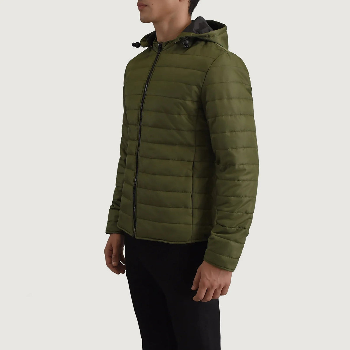 Green Full-Grain Leather Hooded Jacket - Back View Showing Tailored Shoulder Fit &amp; Clean Hemline