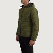Green Full-Grain Leather Hooded Jacket - Back View Showing Tailored Shoulder Fit &amp; Clean Hemline