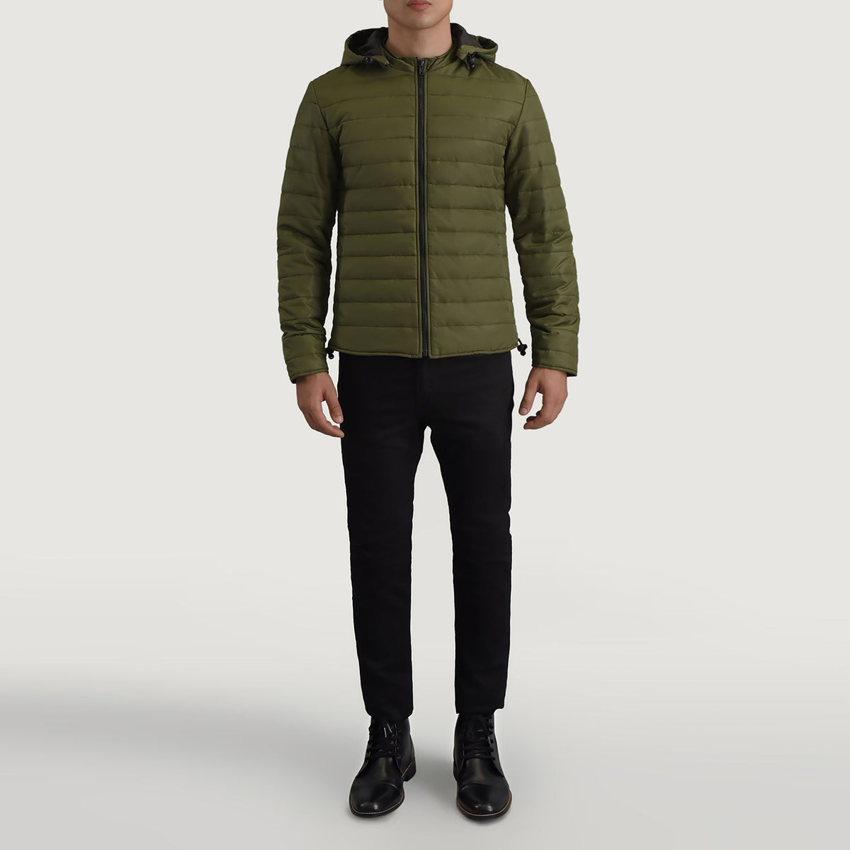 Tyler أخضر Hooded Puffer جاكيت جلد رجالي - Lateral Side Profile View Showing Sleeve Cut &amp; Athletic Taper Fit