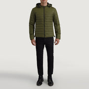 Tyler أخضر Hooded Puffer جاكيت جلد رجالي - Lateral Side Profile View Showing Sleeve Cut &amp; Athletic Taper Fit