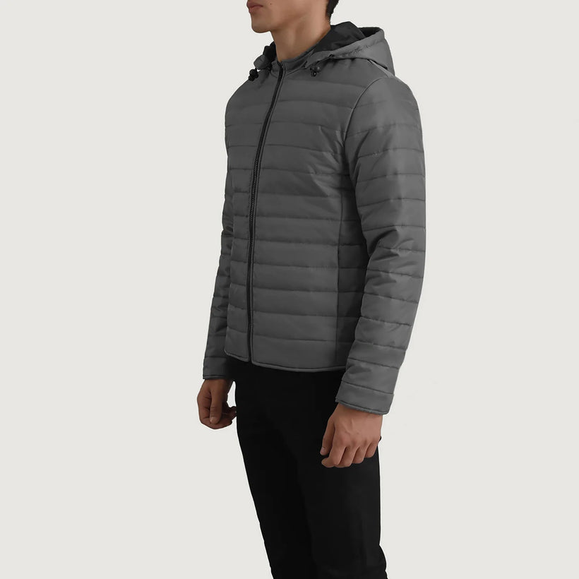 Tyler Grey Hooded Puffer جاكيت جلد رجالي