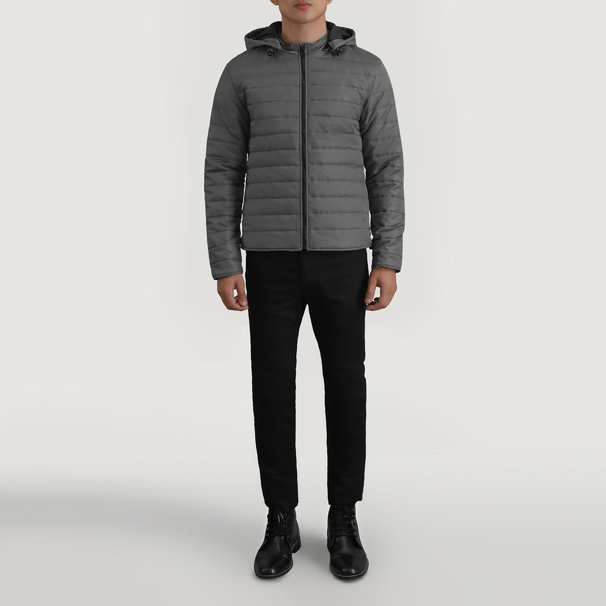 Tyler Grey Hooded Puffer جاكيت جلد رجالي - Lateral Side Profile View Showing Sleeve Cut &amp; Athletic Taper Fit
