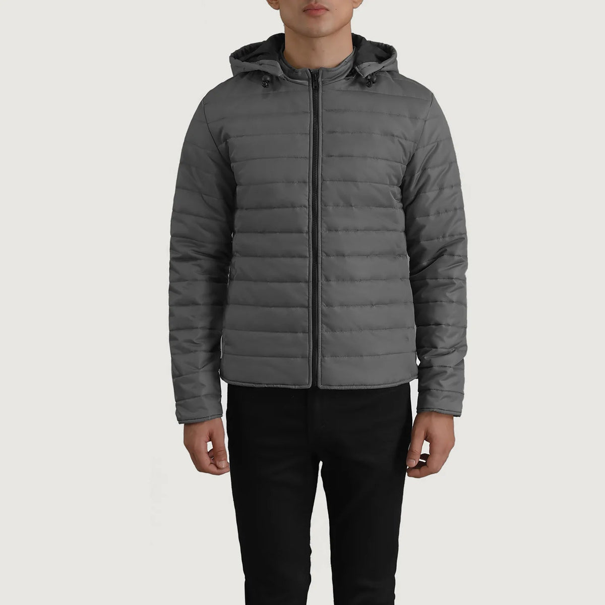Close-Up Detail of Classic Collar &amp; Zipper Hardware on Tyler Grey Hooded Puffer جاكيت جلد رجالي