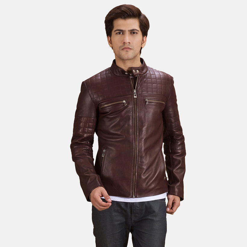 Urbane Quilted Maroon Leather Biker Jacket in Maroon Sheepskin Leather - Front Profile View & Tailored Silhouette | Buy Online