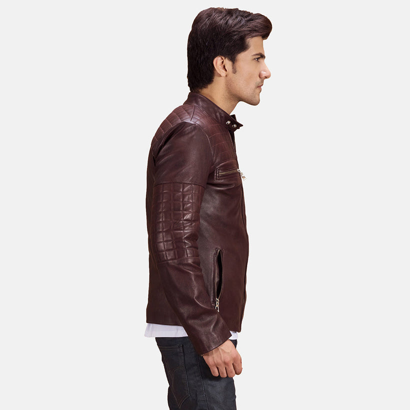 Maroon Sheepskin Leather Biker Jacket - Back View Showing Tailored Shoulder Fit & Clean Hemline