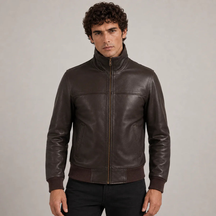 Dark بني Sheepskin جاكيت بومبر جلد رجالي