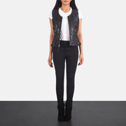 Women's Vanda أسود Leather Biker Vest نسائي - Lateral Side Profile View Showing Sleeve Cut &amp; Athletic Taper Fit