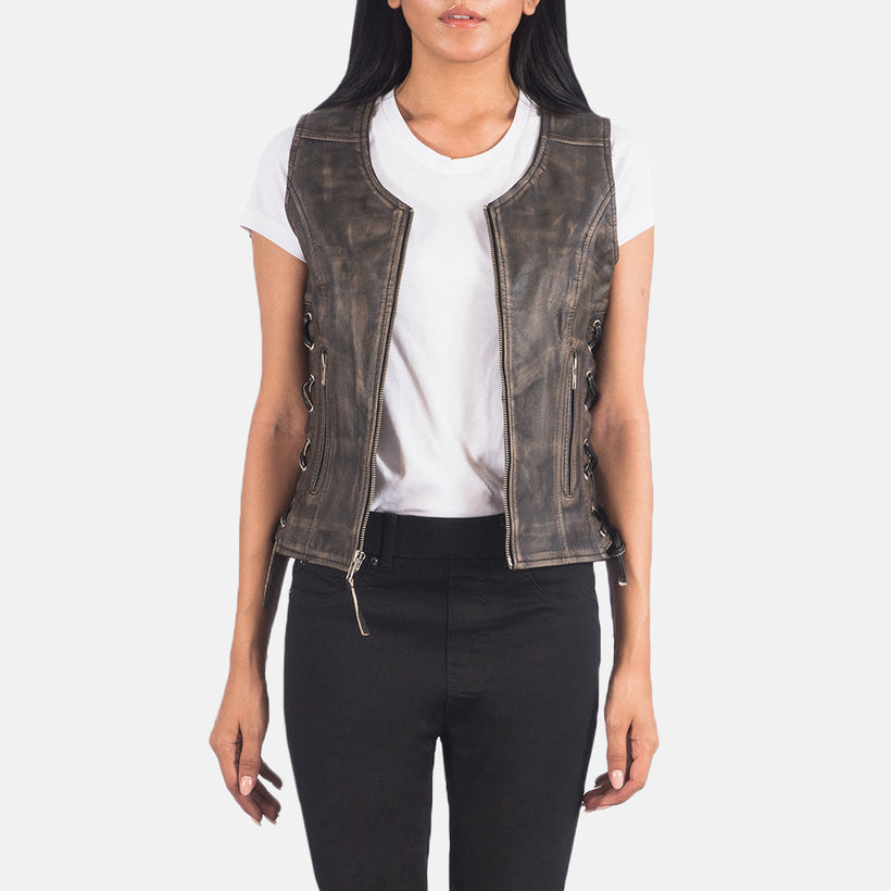 Vanda Distressed بني Leather Biker Vest نسائي