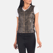 
تفاصيل مقربة of V-neck & Zipper Hardware on Vanda Distressed بني Leather Biker Vest نسائي