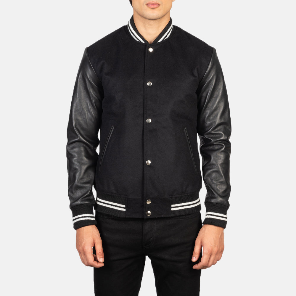 Close-Up Detail of Varsity &amp; Snap Buttons Hardware on Men's Vaxton Black Striped Hybrid Varsity Jacket