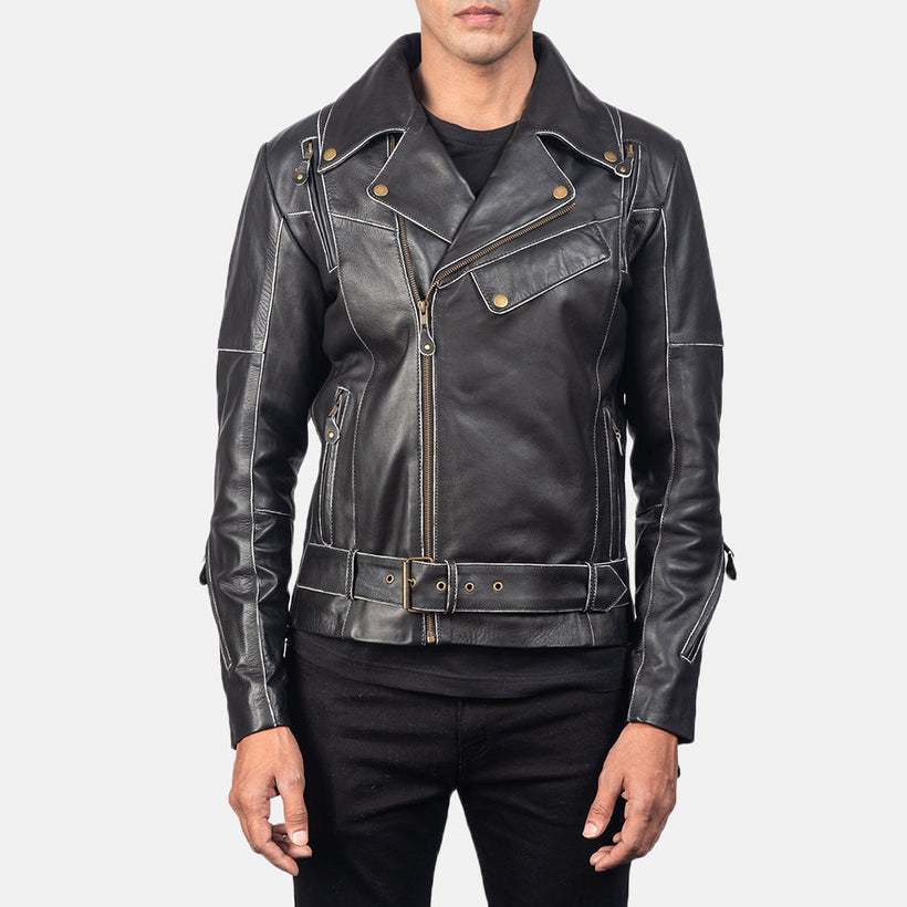 Men's Vincent Black Leather Biker Jacket in Distressed Black Cow Hide Leather - Front Profile View & Tailored Silhouette | Buy Online