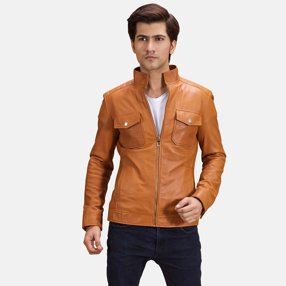 Voltex بيج / تان جاكيت بايكر جلد رجالي in Tan Brown Sheepskin Leather - Front Profile View &amp; Tailored Silhouette | Buy Online
