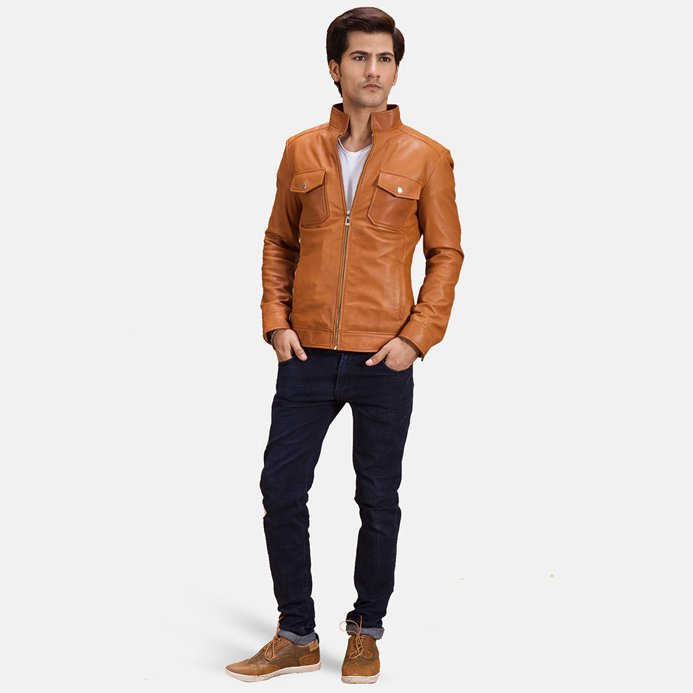 Voltex بيج / تان جاكيت بايكر جلد رجالي - Lateral Side Profile View Showing Sleeve Cut &amp; Athletic Taper Fit