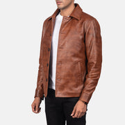 Distressed Brown Sheepskin Burnishing Leather Jacket - Back View Showing Tailored Shoulder Fit &amp; Clean Hemline