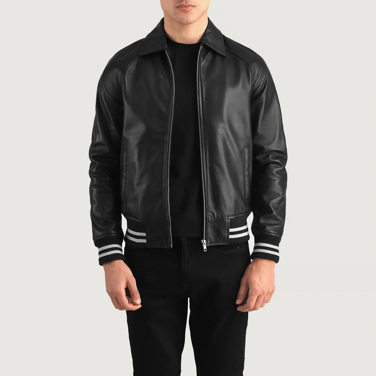 Tailored Rib Cuffs &amp; Hem Craftsmanship Construction Detail on Walton Blue Leather Varsity Jacket