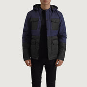 
Wayne أسود & أزرق Hooded Puffer جاكيت جلد رجالي in Black + Blue Full-Grain Leather - عرض أمامي وقَصّة مفصلة أنيقة | شراء أونلاين عبر المتجر الرسمي