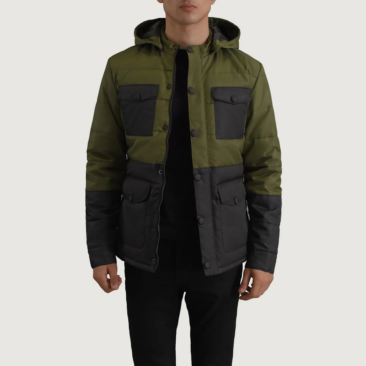 
Wayne أسود & أخضر Hooded Puffer جاكيت جلد رجالي in Black + Green Full-Grain Leather - عرض أمامي وقَصّة مفصلة أنيقة | شراء أونلاين عبر المتجر الرسمي