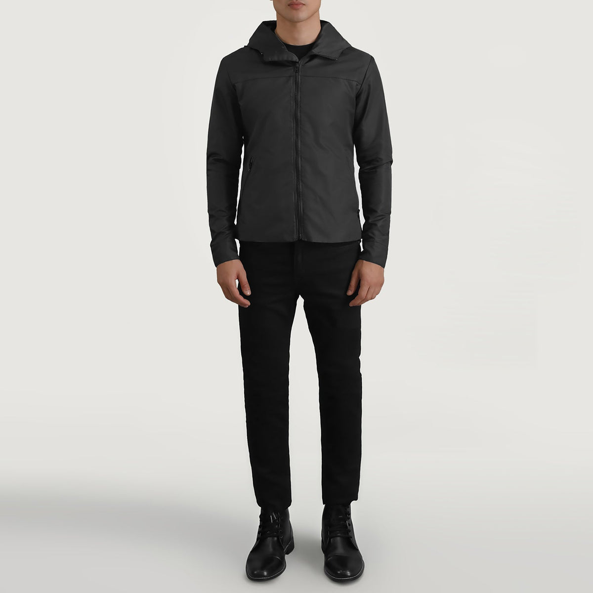 
Wesley أسود Hooded Windbreaker جاكيت جلد رجالي - عرض جانبي يوضح قَصّة الأكمام المريحة