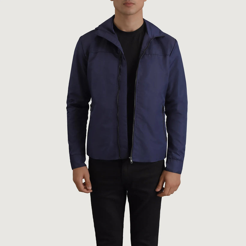 Wesley أزرق Hooded Windbreaker جاكيت جلد رجالي
