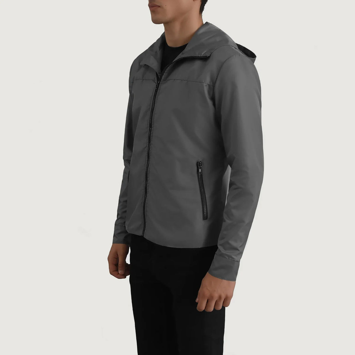 
Grey Full-Grain Leather Hooded Jacket - عرض خلفي يوضح تفصيل الأكتاف المتقن والحاشية النظيفة