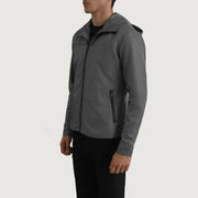 
Grey Full-Grain Leather Hooded Jacket - عرض خلفي يوضح تفصيل الأكتاف المتقن والحاشية النظيفة