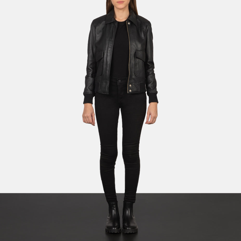 Women's Westa A-2 Black Leather Bomber Jacket - Lateral Side Profile View Showing Sleeve Cut &amp; Athletic Taper Fit