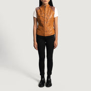 
تفاصيل مقربة of Classic Collar & Zipper Hardware on Westina بيج تان Dye صديري جلد نسائي