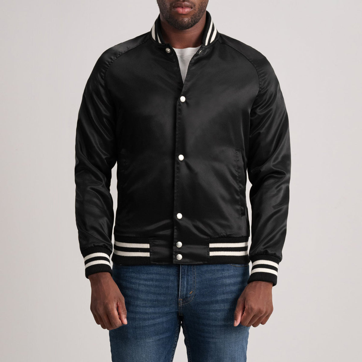 Xander أسود Varsity جاكيت جلد رجالي in Black Satin - Front Profile View &amp; Tailored Silhouette | Buy Online