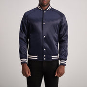 Xander أزرق Varsity جاكيت جلد رجالي in Blue Satin - Front Profile View &amp; Tailored Silhouette | Buy Online