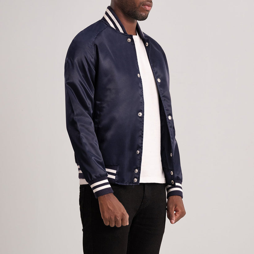 Blue Satin Varsity Jacket - Back View Showing Tailored Shoulder Fit & Clean Hemline