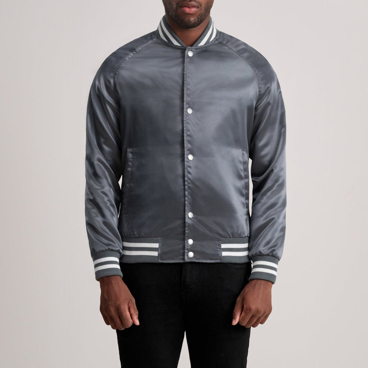 Xander Grey Varsity جاكيت جلد رجالي in Grey Satin - Front Profile View &amp; Tailored Silhouette | Buy Online