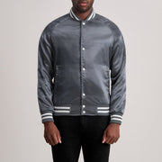 Xander Grey Varsity جاكيت جلد رجالي in Grey Satin - Front Profile View &amp; Tailored Silhouette | Buy Online