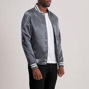 Grey Satin Varsity Jacket - Back View Showing Tailored Shoulder Fit &amp; Clean Hemline