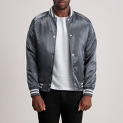 Xander Grey Varsity جاكيت جلد رجالي - Lateral Side Profile View Showing Sleeve Cut &amp; Athletic Taper Fit