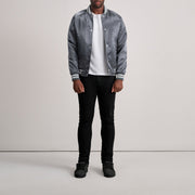Close-Up Detail of Varsity &amp; Button Hardware on Xander Grey Varsity جاكيت جلد رجالي