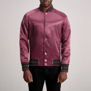 Xander عنابي Varsity جاكيت جلد رجالي in Maroon Satin - Front Profile View &amp; Tailored Silhouette | Buy Online