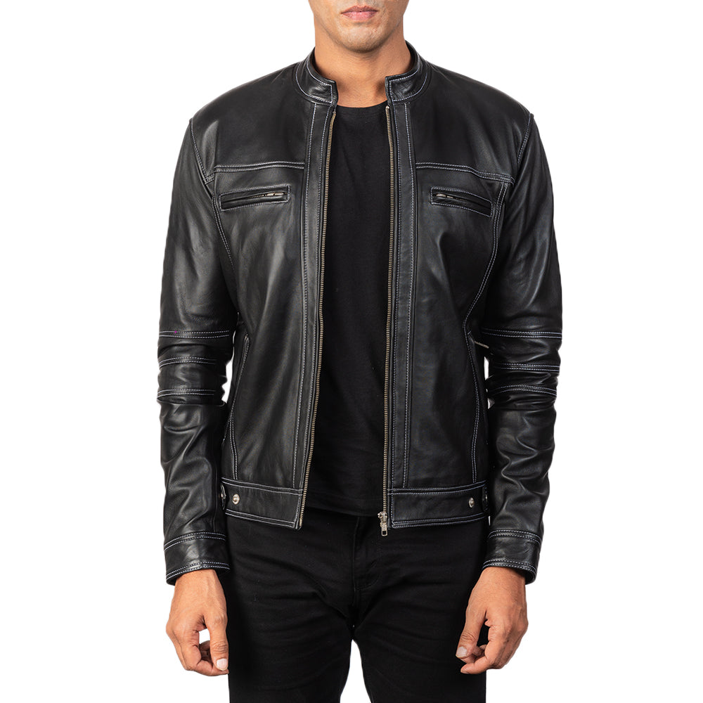 Youngster Distressed Black Leather Jacket in Black Goatskin Snuffed - Front Profile View &amp; Tailored Silhouette | Buy Online