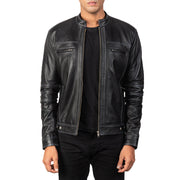Youngster Distressed Black Leather Jacket in Black Goatskin Snuffed - Front Profile View &amp; Tailored Silhouette | Buy Online