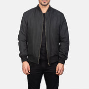 Men's Zack أسود جاكيت بومبر جلد رجالي in Black Polyester - Front Profile View &amp; Tailored Silhouette | Buy Online