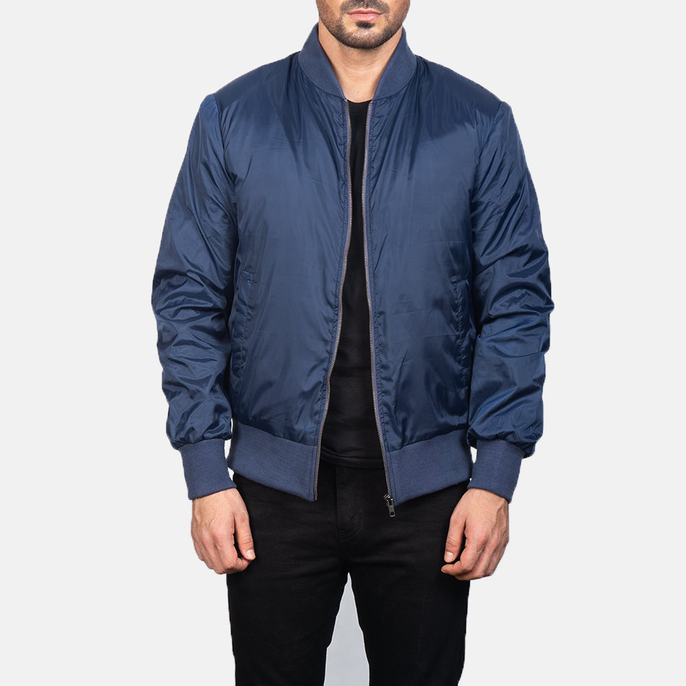 Men's Zack أزرق جاكيت بومبر جلد رجالي in Blue Nylon - Front Profile View &amp; Tailored Silhouette | Buy Online