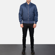 Men's Zack أزرق جاكيت بومبر جلد رجالي - Lateral Side Profile View Showing Sleeve Cut &amp; Athletic Taper Fit
